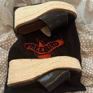 Size 7 Freebird Miami black snake wedge. Work never.